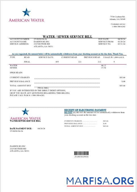 Downloadable USA Georgia American Water business utility bill template in Word and PDF formats